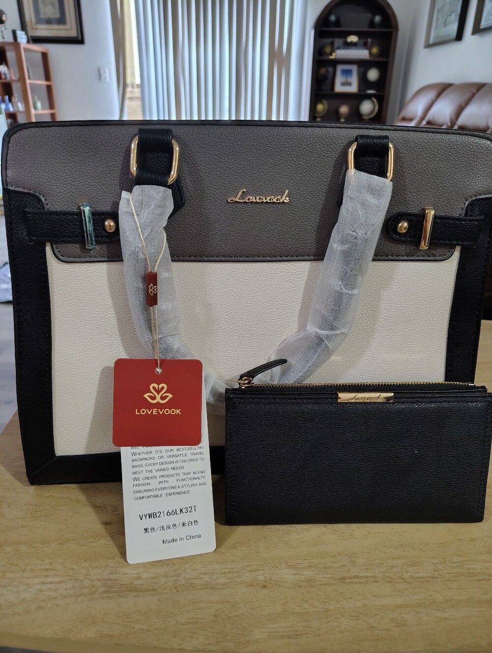Lavooak Two-Tone Black and Cream Satchel with Matching Black Pouch